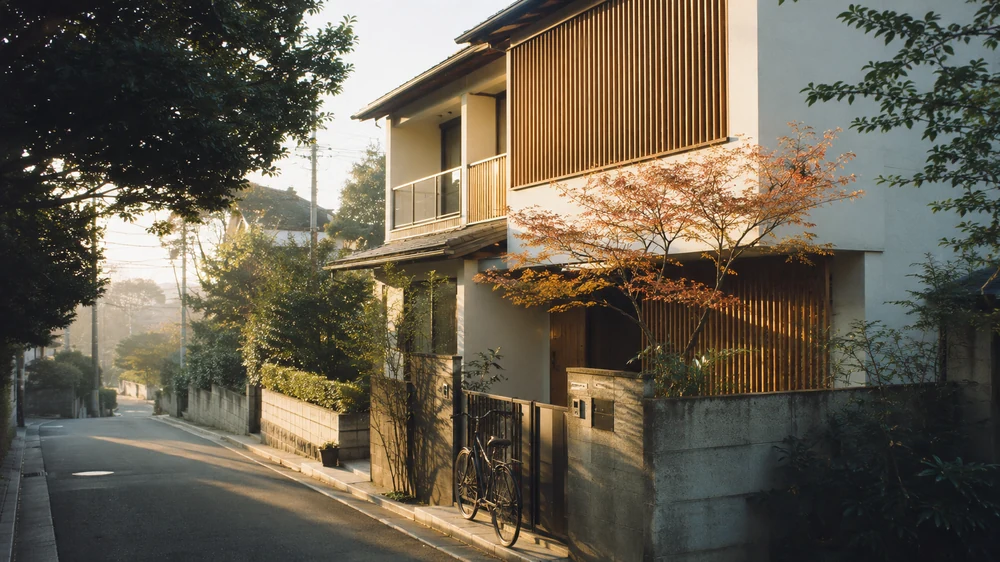 Quiet residential street in Setagaya, Tokyo, morning light on a modern wooden house