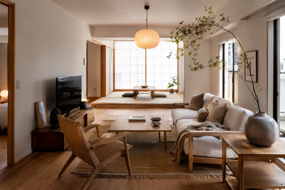 Renovated living room with tatami corner and oak floor