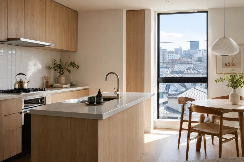 Bright renovated kitchen with pale wood cabinetry